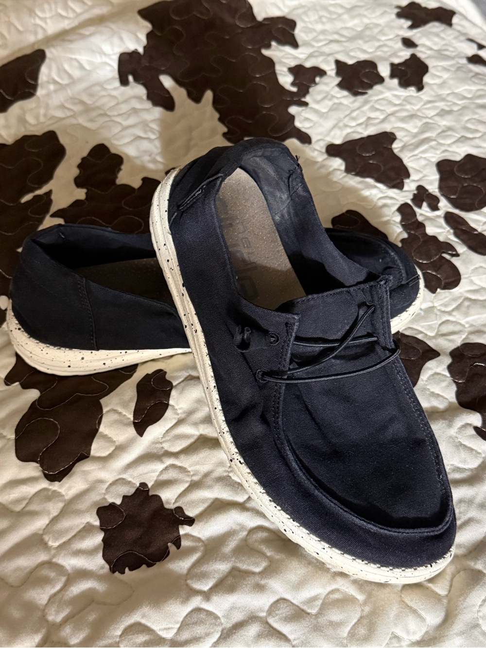 Hey Dude Black Canvas Slip-On Loafers with White Speckled Sole